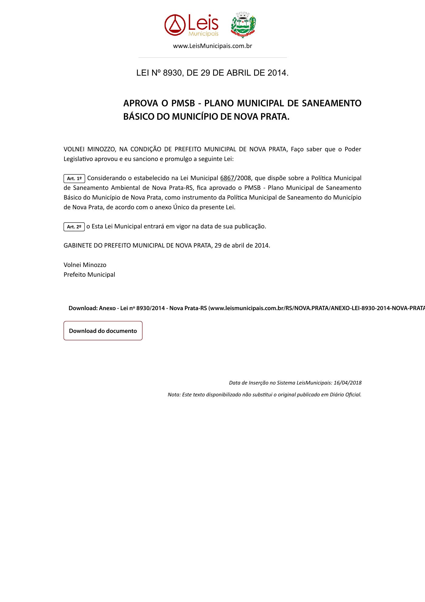Primeira página de Lei nº 8.930/2014 — Plano de Saneamento Básico