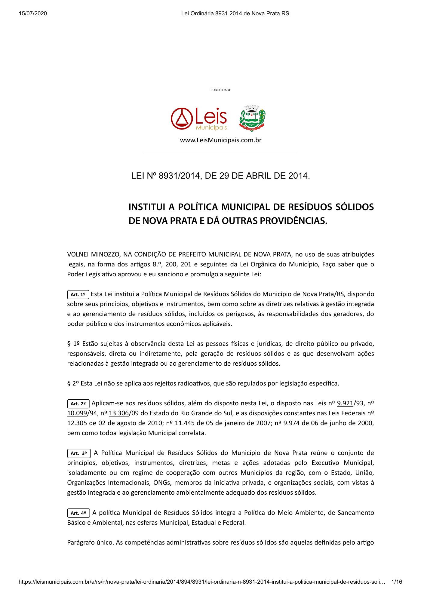 Primeira página de Lei nº 8.931/2014 — Política Municipal de Resíduos Sólidos