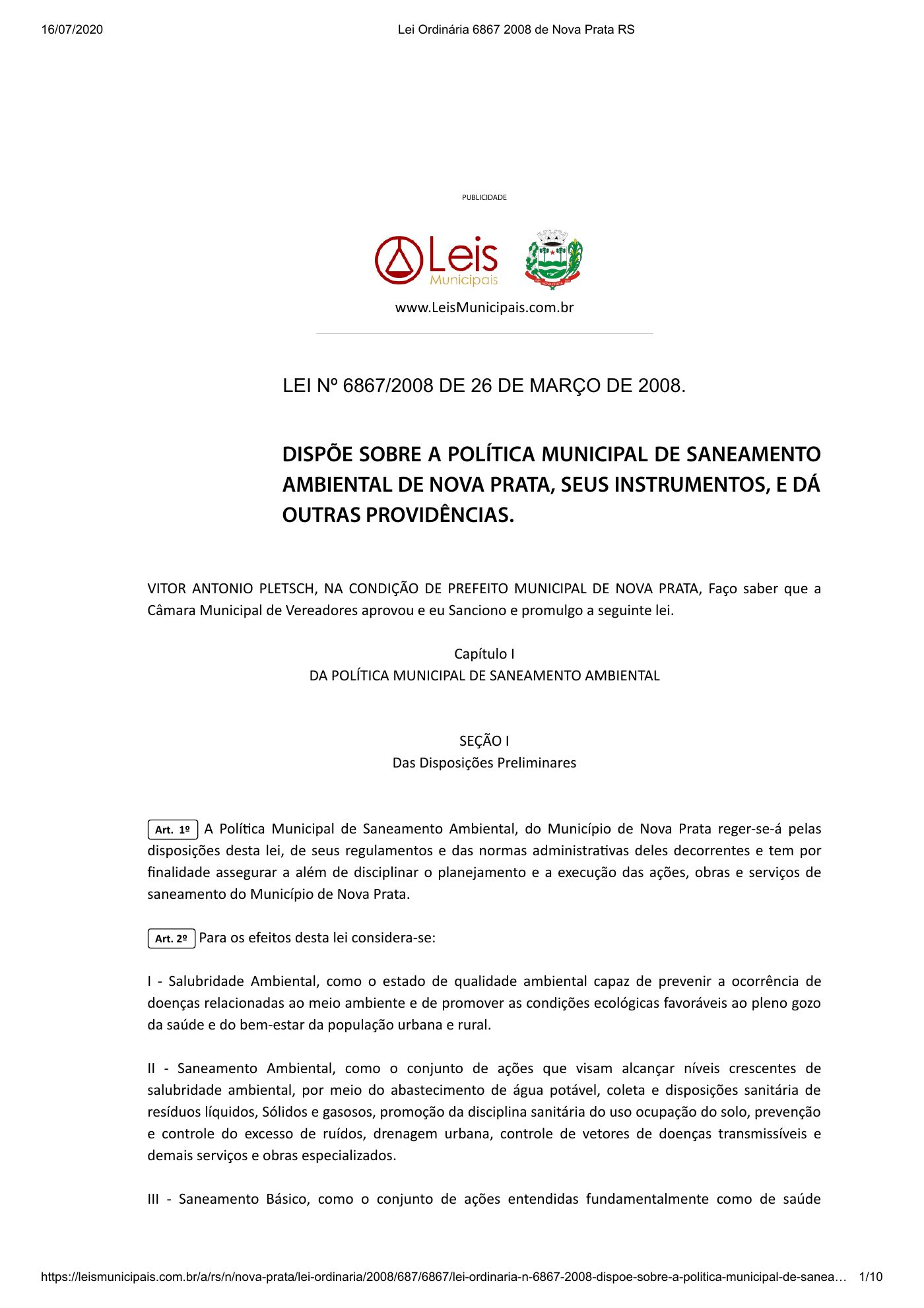 Primeira página de Lei nº 6.867/2008 — Política Municipal de Saneamento Ambiental